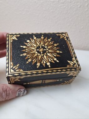 VTG Genuine Wooden Soviet Jewelry Case Trinket Box w/ wood Mosaic Inlay Black